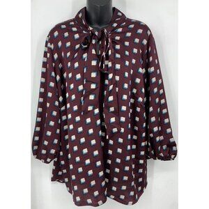 3rd + Malt Women Plus Size Top Blouse Maroon 3/4 Tie Neckline Work Career New